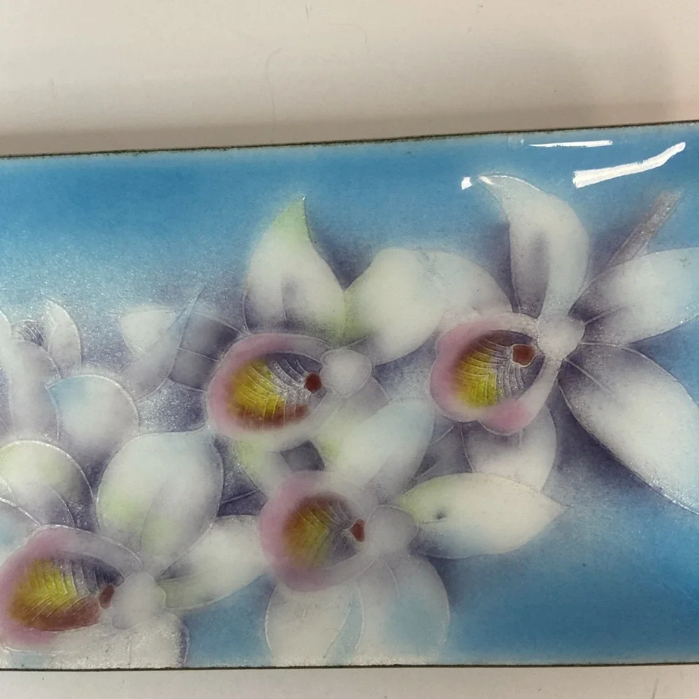 Vintage Japanese Tutanka Orchid Floral Enamel Cloisonne Trinket Tray 9.25x3.25